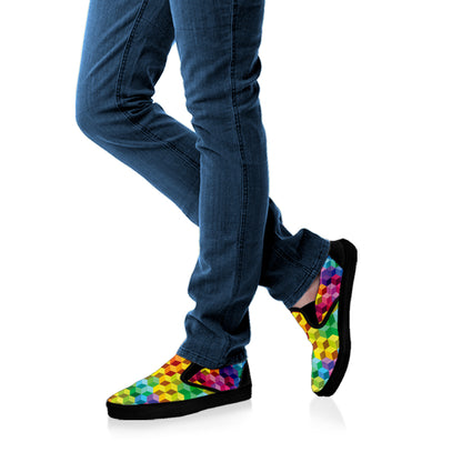Rainbow Cubes Pattern Print Black Slip On Shoes