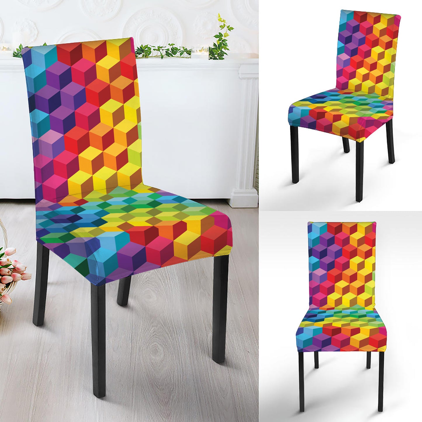Rainbow Cubes Pattern Print Dining Chair Slipcover