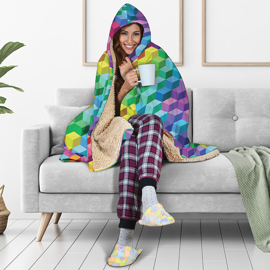 Rainbow Cubes Pattern Print Hooded Blanket