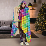Rainbow Cubes Pattern Print Hooded Blanket