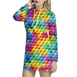 Rainbow Cubes Pattern Print Hoodie Dress