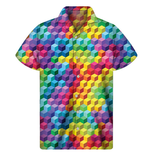 Rainbow Cubes Pattern Print Men's Short Sleeve Shirt
