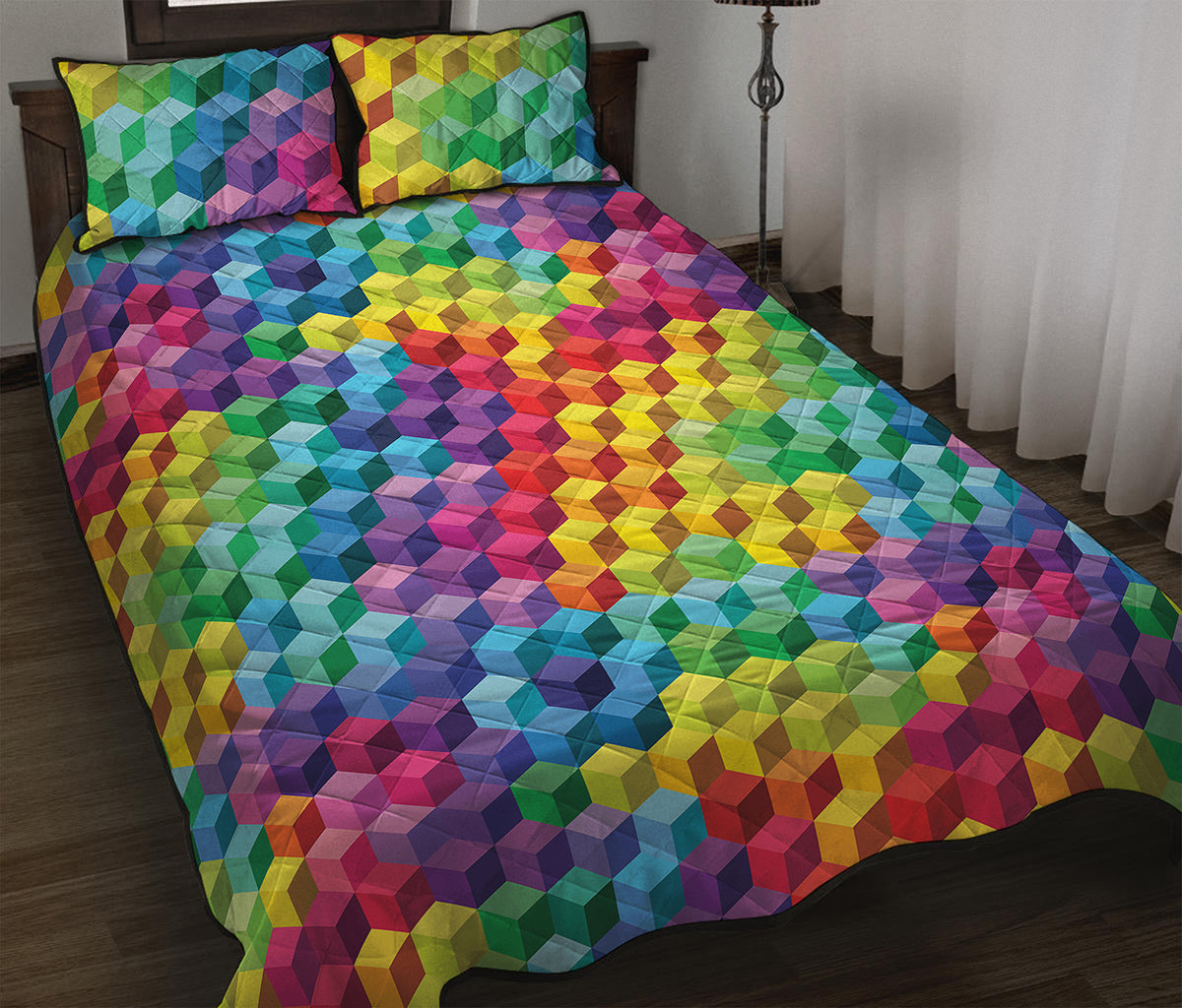 Rainbow Cubes Pattern Print Quilt Bed Set