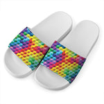 Rainbow Cubes Pattern Print White Slide Sandals