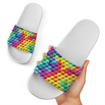 Rainbow Cubes Pattern Print White Slide Sandals