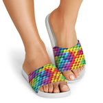 Rainbow Cubes Pattern Print White Slide Sandals