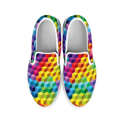 Rainbow Cubes Pattern Print White Slip On Shoes