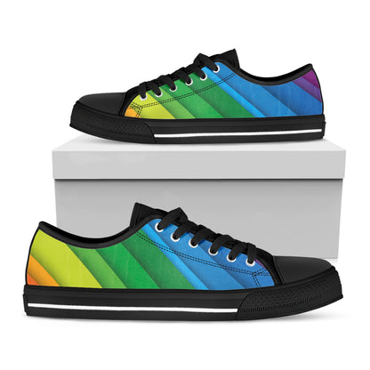 Rainbow Diagonal Lines Pattern Print Black Low Top Shoes