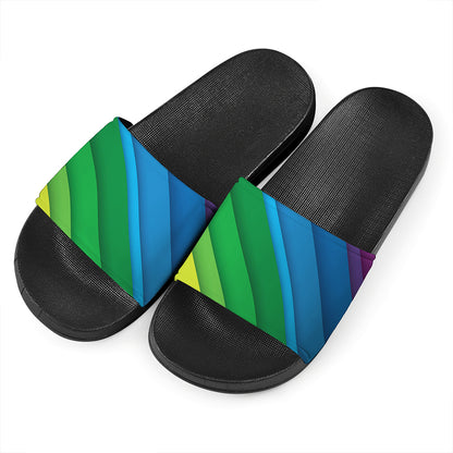 Rainbow Diagonal Lines Pattern Print Black Slide Sandals