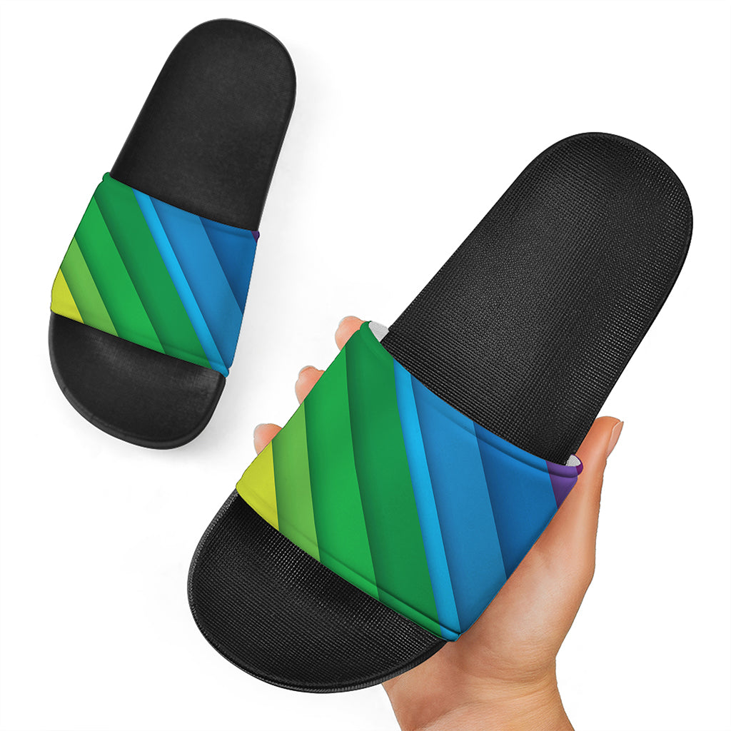 Rainbow Diagonal Lines Pattern Print Black Slide Sandals