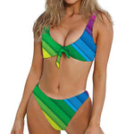 Rainbow Diagonal Lines Pattern Print Front Bow Tie Bikini