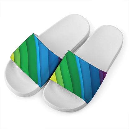 Rainbow Diagonal Lines Pattern Print White Slide Sandals
