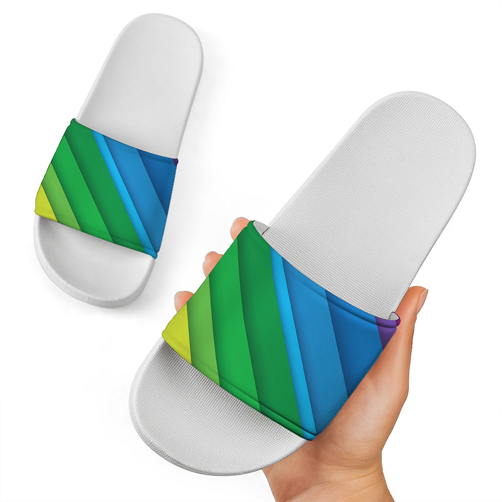 Rainbow Diagonal Lines Pattern Print White Slide Sandals