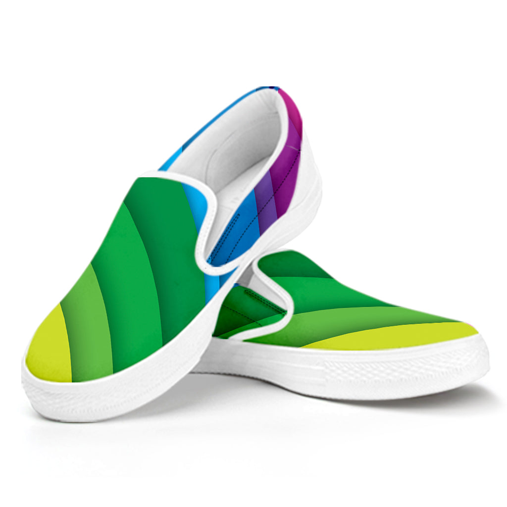 Rainbow Diagonal Lines Pattern Print White Slip On Shoes