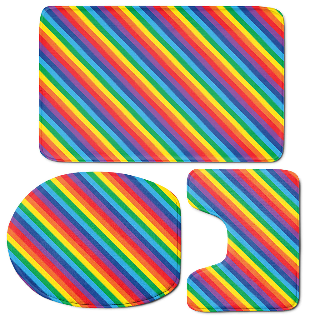 Rainbow Diagonal Striped Pattern Print 3 Piece Bath Mat Set