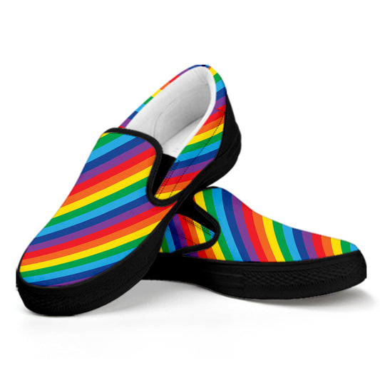 Rainbow Diagonal Striped Pattern Print Black Slip On Shoes