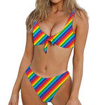 Rainbow Diagonal Striped Pattern Print Front Bow Tie Bikini