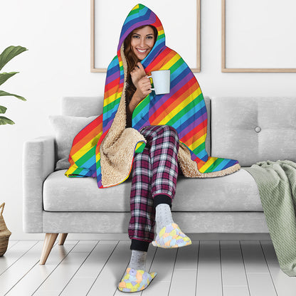Rainbow Diagonal Striped Pattern Print Hooded Blanket