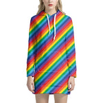 Rainbow Diagonal Striped Pattern Print Hoodie Dress