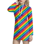 Rainbow Diagonal Striped Pattern Print Hoodie Dress