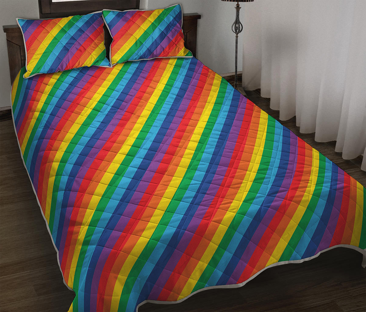 Rainbow Diagonal Striped Pattern Print Quilt Bed Set