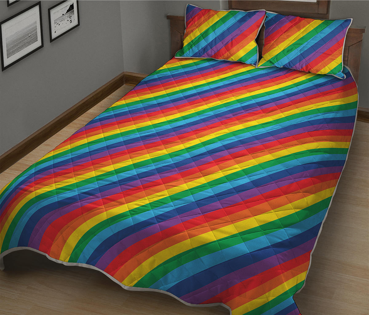 Rainbow Diagonal Striped Pattern Print Quilt Bed Set