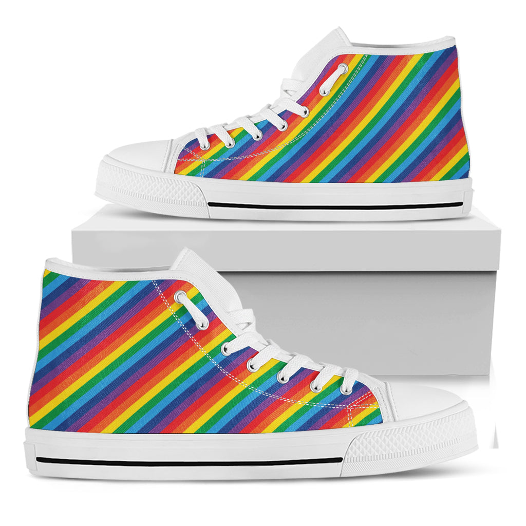 Rainbow Diagonal Striped Pattern Print White High Top Shoes