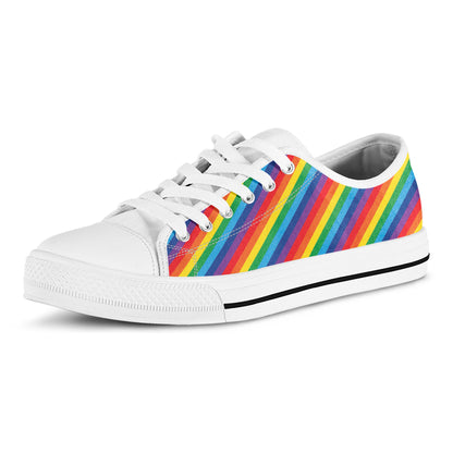 Rainbow Diagonal Striped Pattern Print White Low Top Shoes
