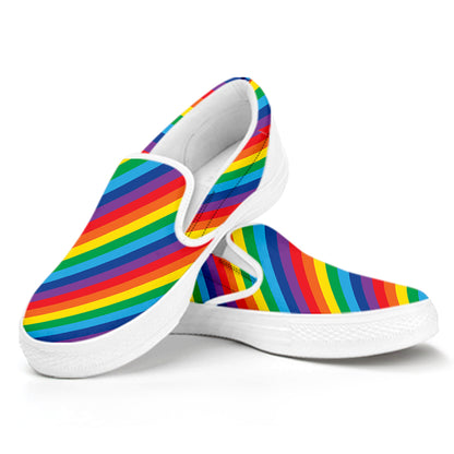 Rainbow Diagonal Striped Pattern Print White Slip On Shoes