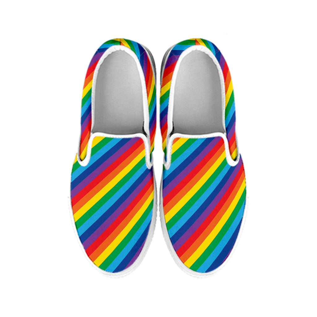 Rainbow Diagonal Striped Pattern Print White Slip On Shoes
