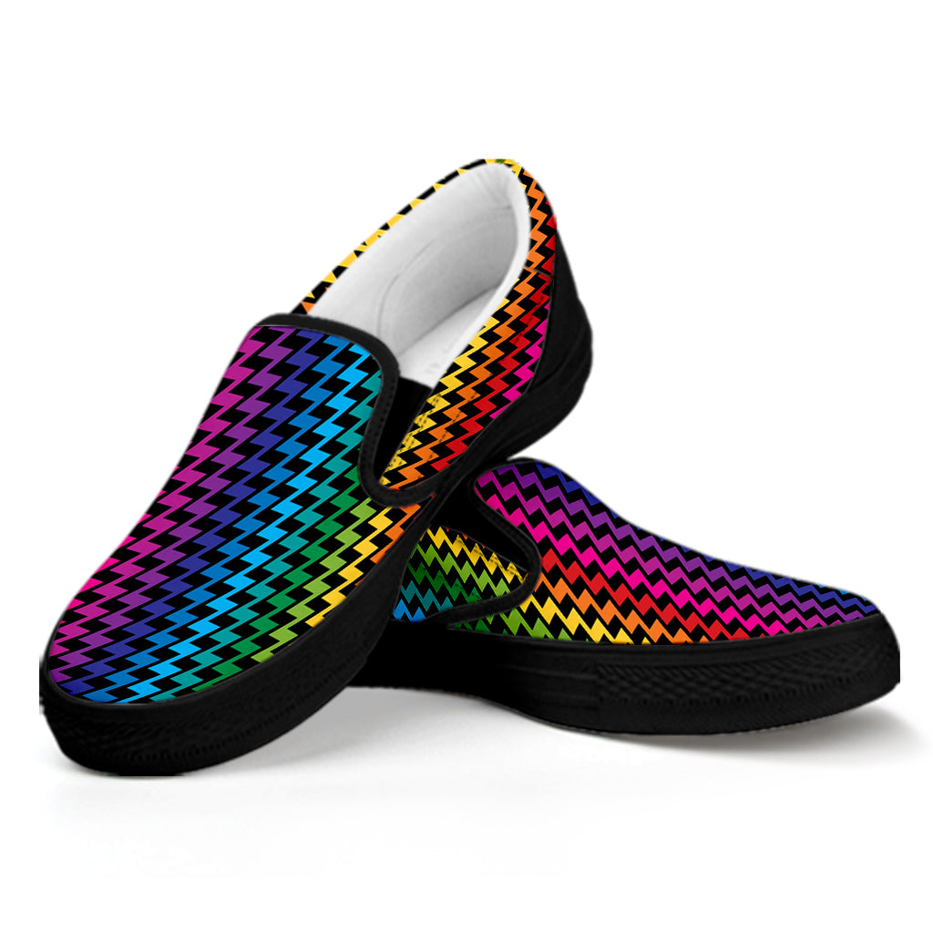 Rainbow Gay Pride Zigzag Pattern Print Black Slip On Shoes