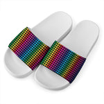 Rainbow Gay Pride Zigzag Pattern Print White Slide Sandals