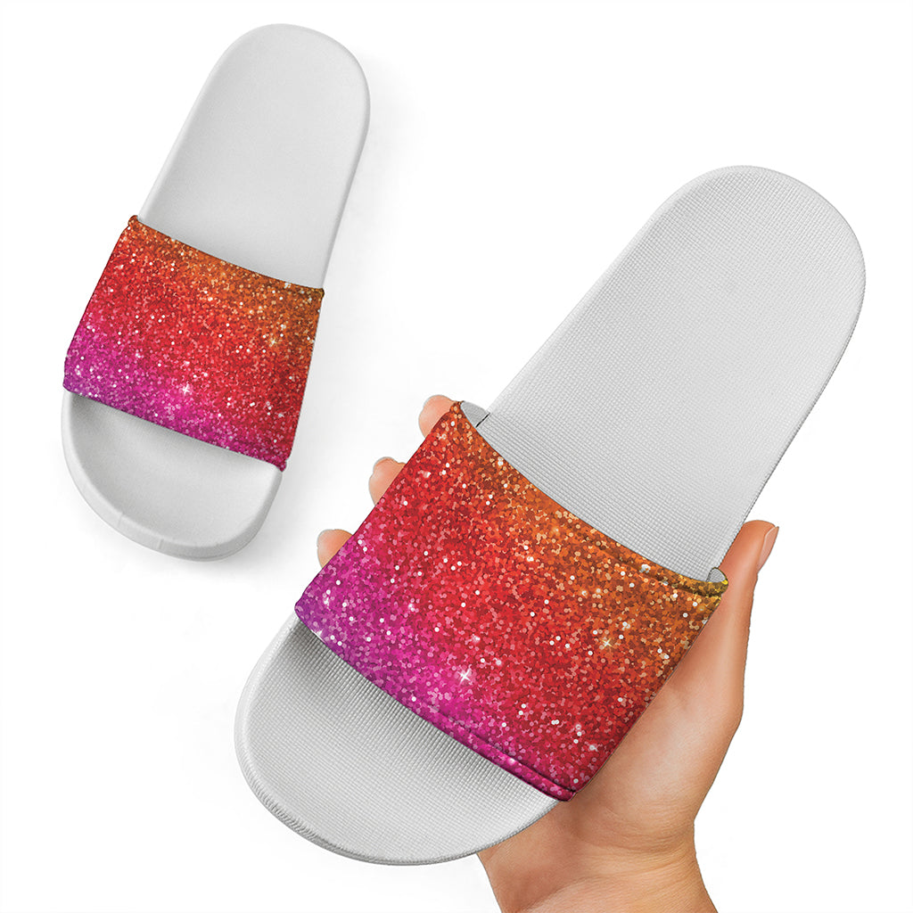 Rainbow Glitter Artwork Print (NOT Real Glitter) White Slide Sandals