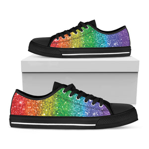 Rainbow Glitter Print Black Low Top Shoes