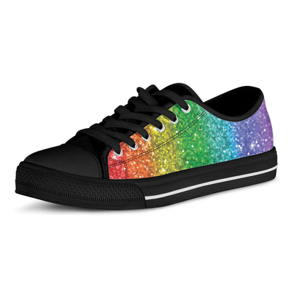 Rainbow Glitter Print Black Low Top Shoes
