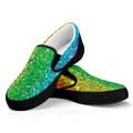 Rainbow (NOT Real) Glitter Print Black Slip On Sneakers