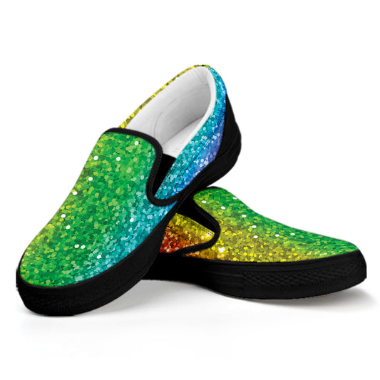 Rainbow Glitter Print Black Slip On Shoes