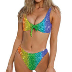 Rainbow Glitter Print Front Bow Tie Bikini