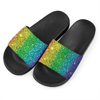 Rainbow Glitter Print (NOT Real Glitter) Black Slide Sandals
