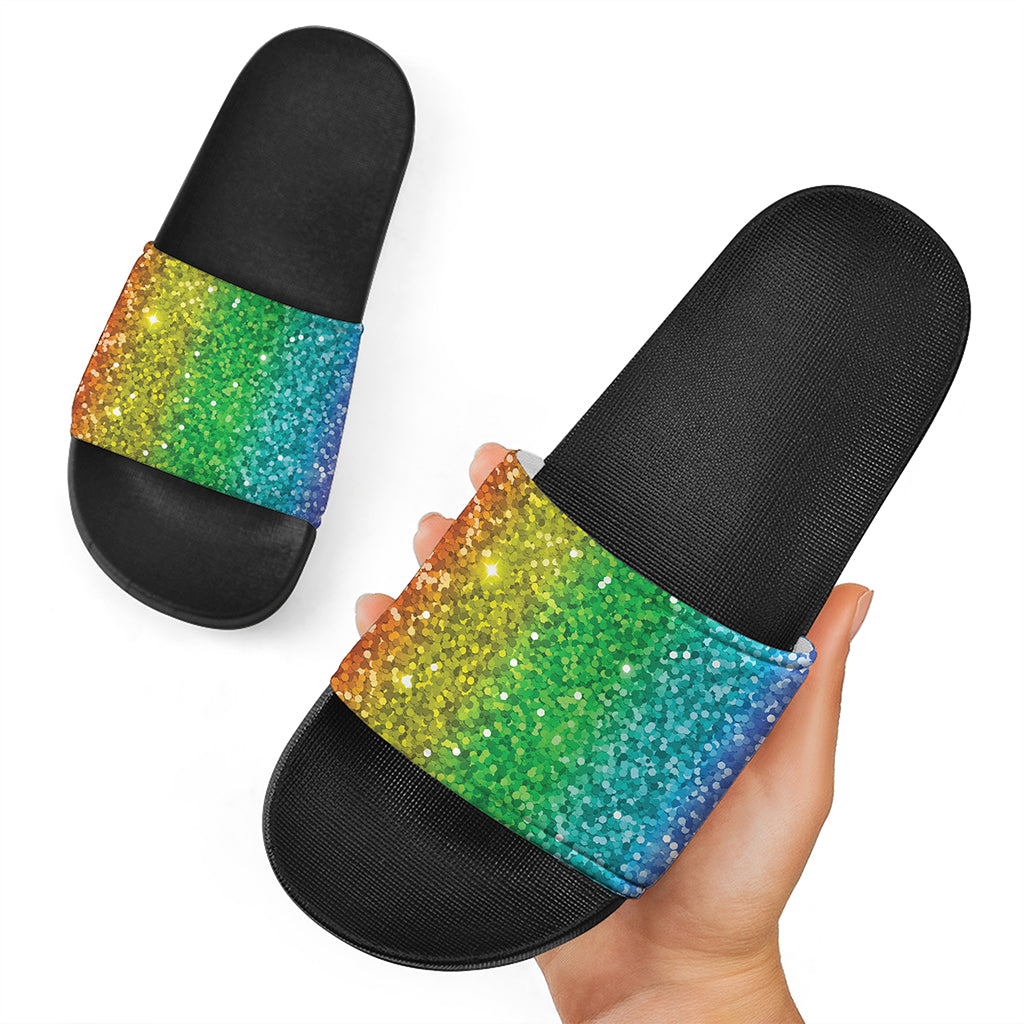 Rainbow Glitter Print (NOT Real Glitter) Black Slide Sandals