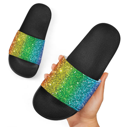 Rainbow Glitter Print (NOT Real Glitter) Black Slide Sandals
