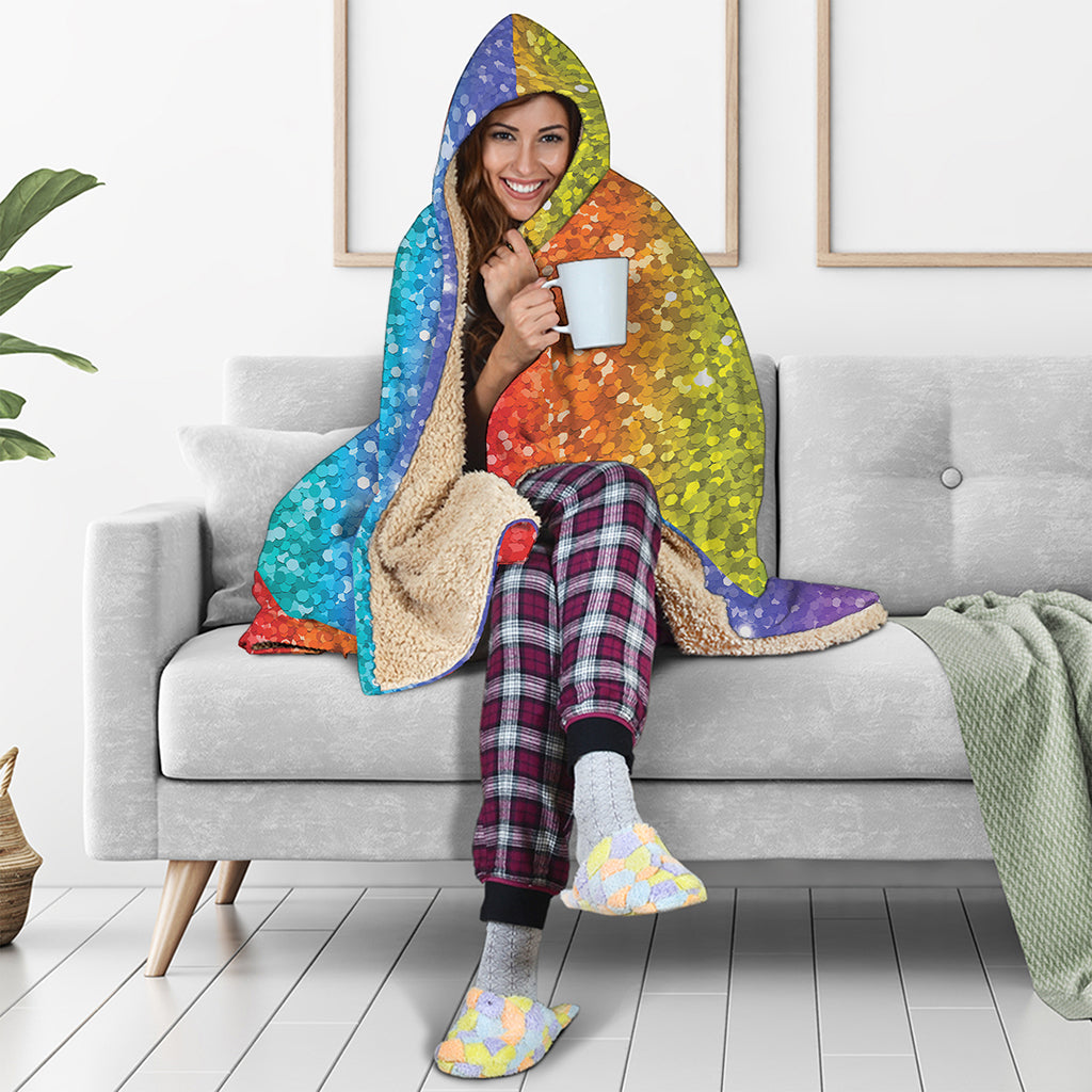 Rainbow Glitter Print (NOT Real Glitter) Hooded Blanket