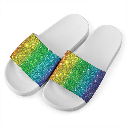 Rainbow Glitter Print (NOT Real Glitter) White Slide Sandals