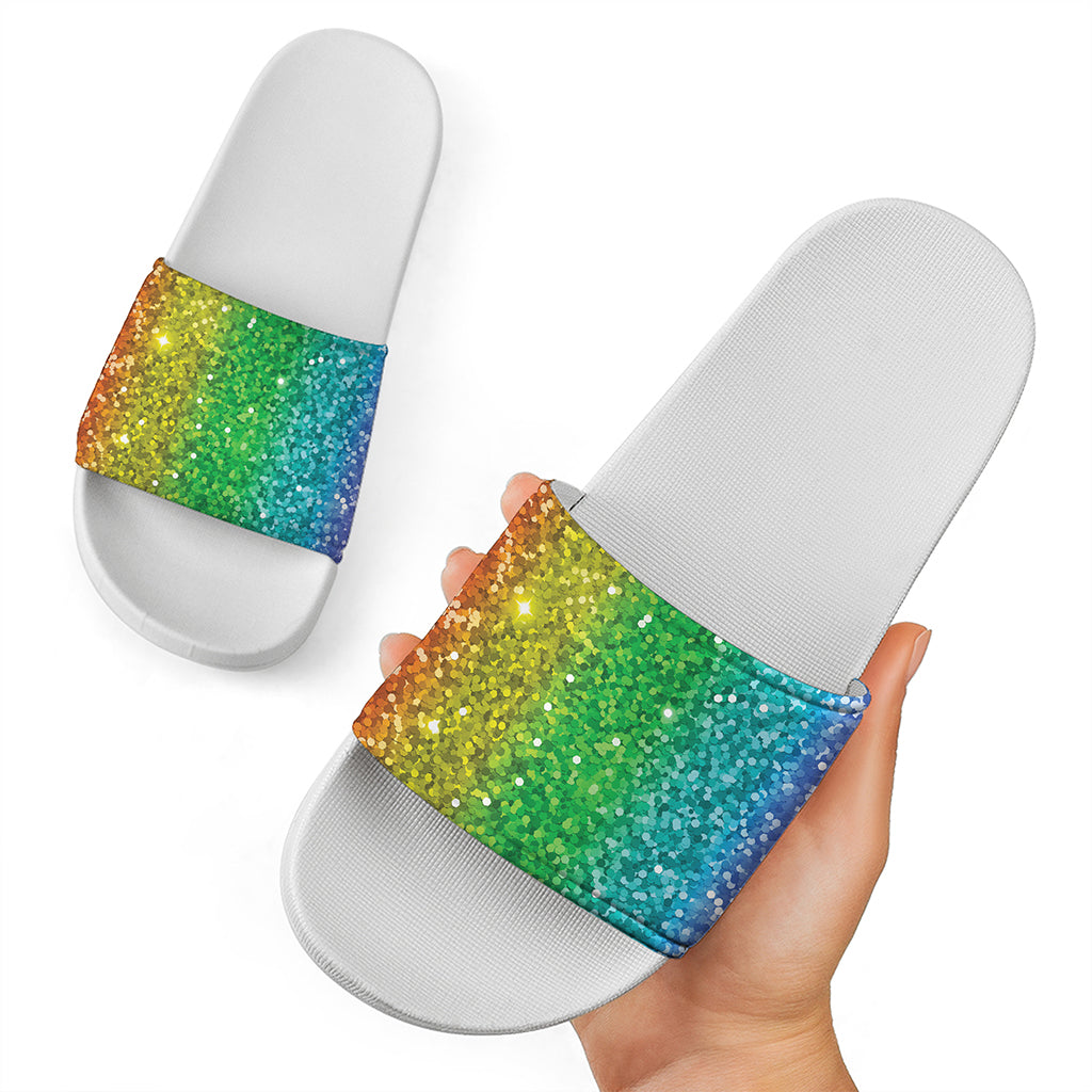 Rainbow Glitter Print (NOT Real Glitter) White Slide Sandals