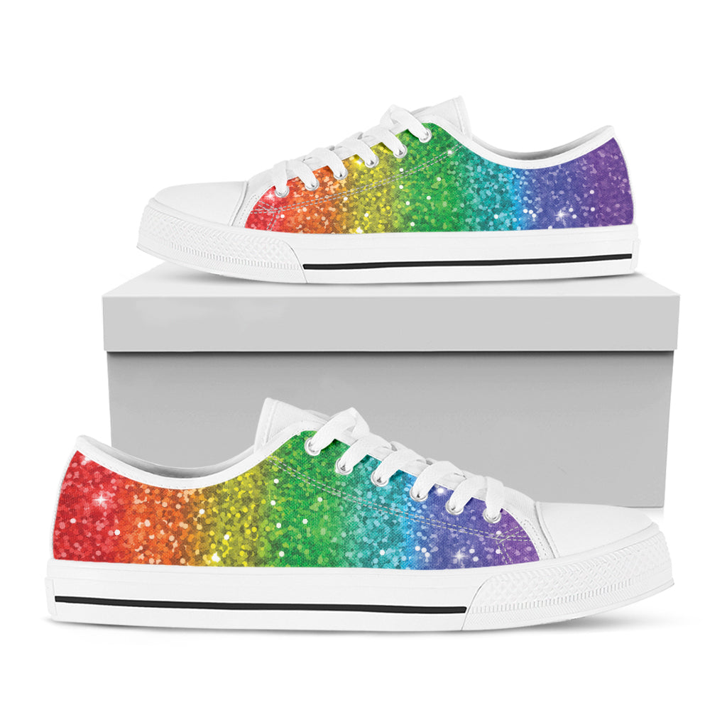 Rainbow Glitter Print White Low Top Shoes