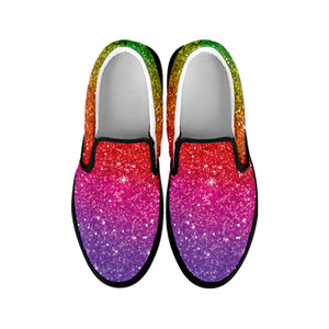 Rainbow Glitter Texture Print Black Slip On Shoes