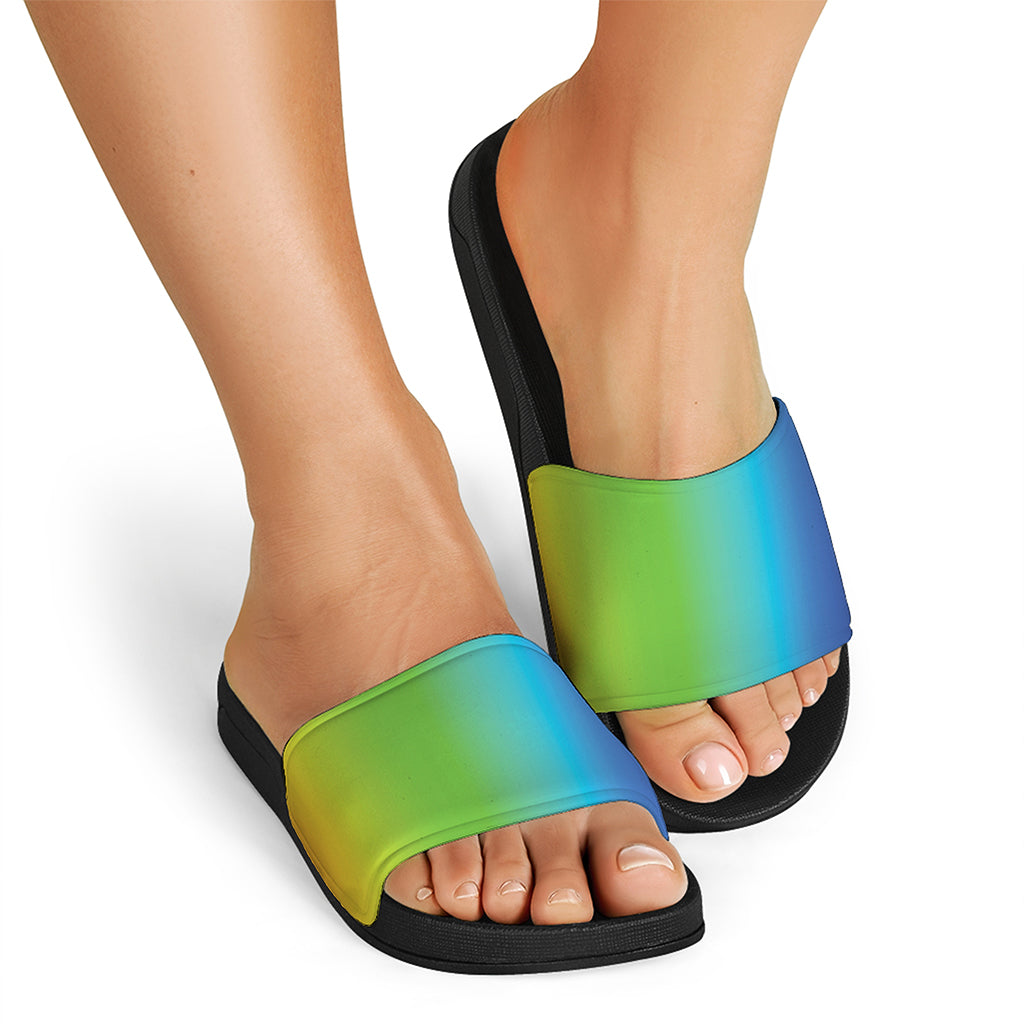 Rainbow Gradient Print Black Slide Sandals