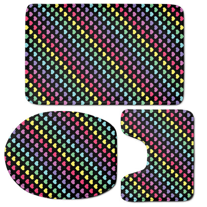 Rainbow Heart Pattern Print 3 Piece Bath Mat Set