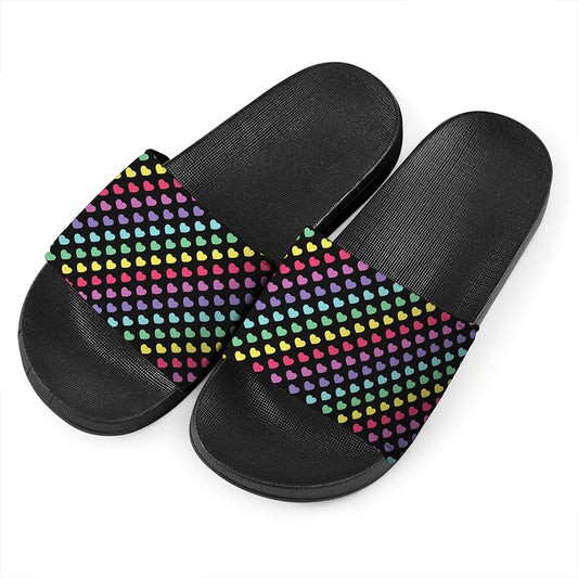 Rainbow Heart Pattern Print Black Slide Sandals