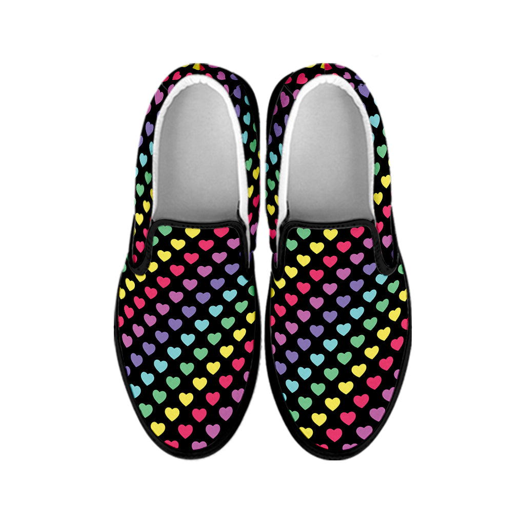 Rainbow Heart Pattern Print Black Slip On Shoes